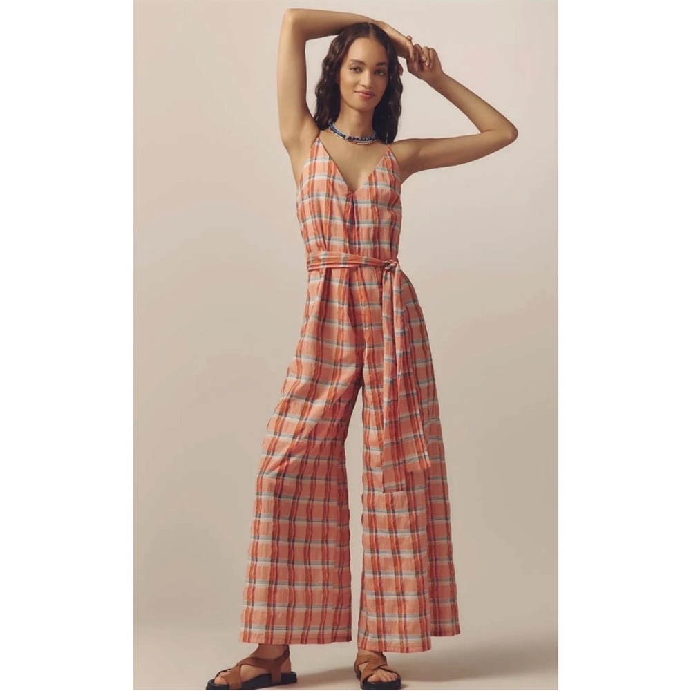 Corey Lynn Calter Plaid Wide Leg Jumpsuit Coral Orange V-Neck Tie Waistless $228